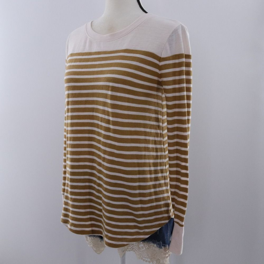 LOFT‎ Striped Long Sleeve Top Women's Size S Cream Gold Cotton Blend Casual